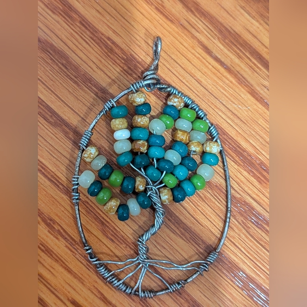 Hand Crafted Tree of Life Pendant Necklace in Teal, Green & Gold